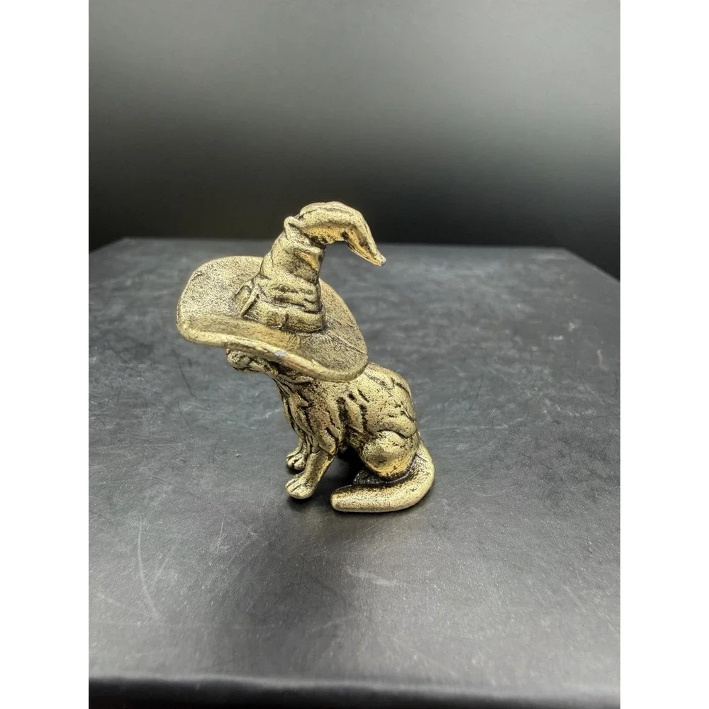 🐈⬛🎩 Mini Brass Cat With Witches Hat Figurine Halloween Collectible ✨🐾